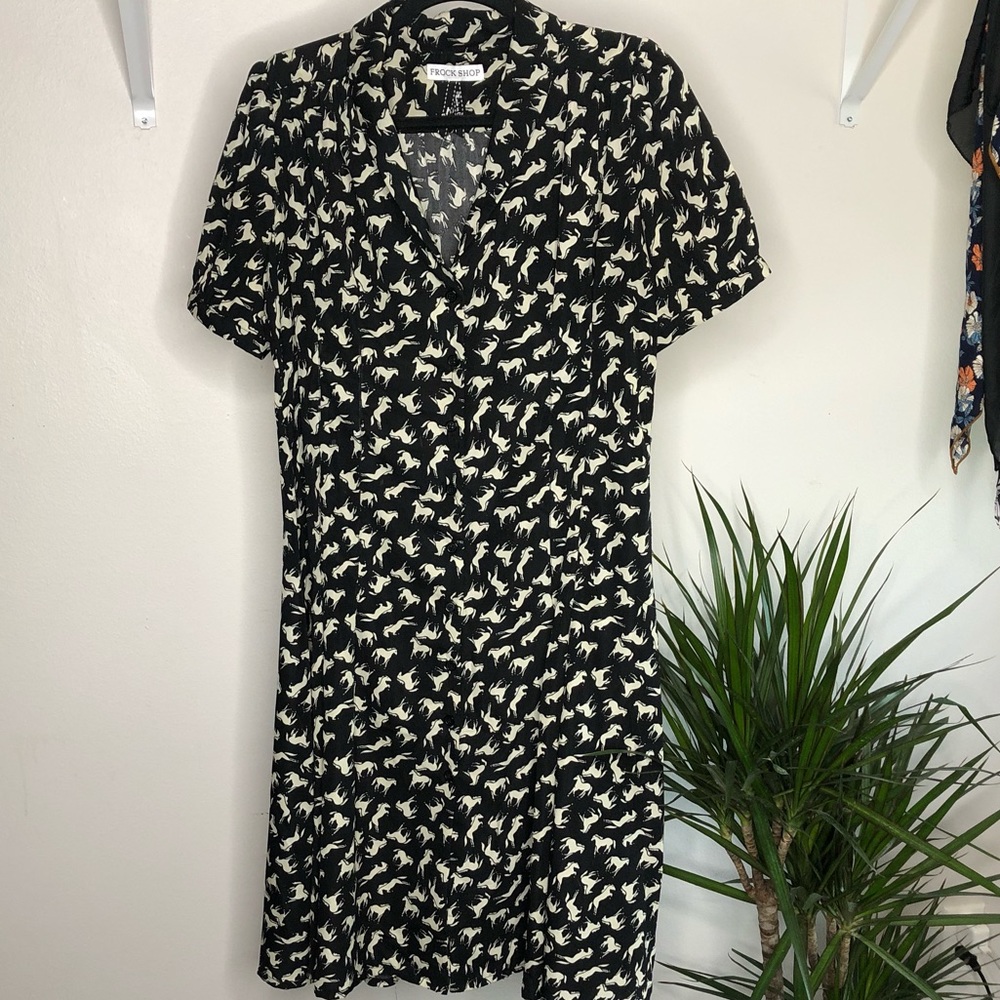 Printed Button Down Collared Midi Dress - Black